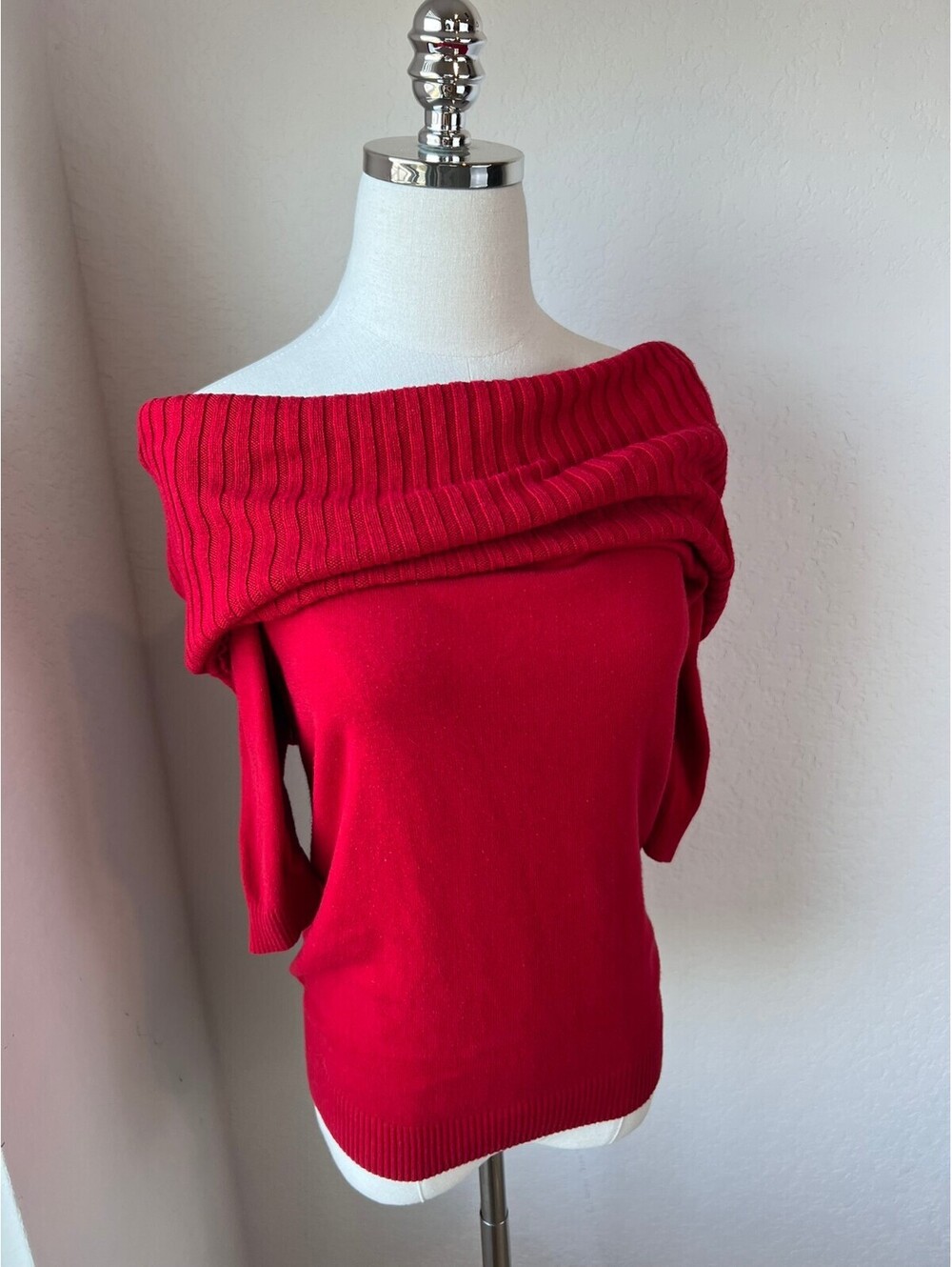 Express Red Wide Neck Sweater with Ribbed Detail size XS - Picture 2 of 7
